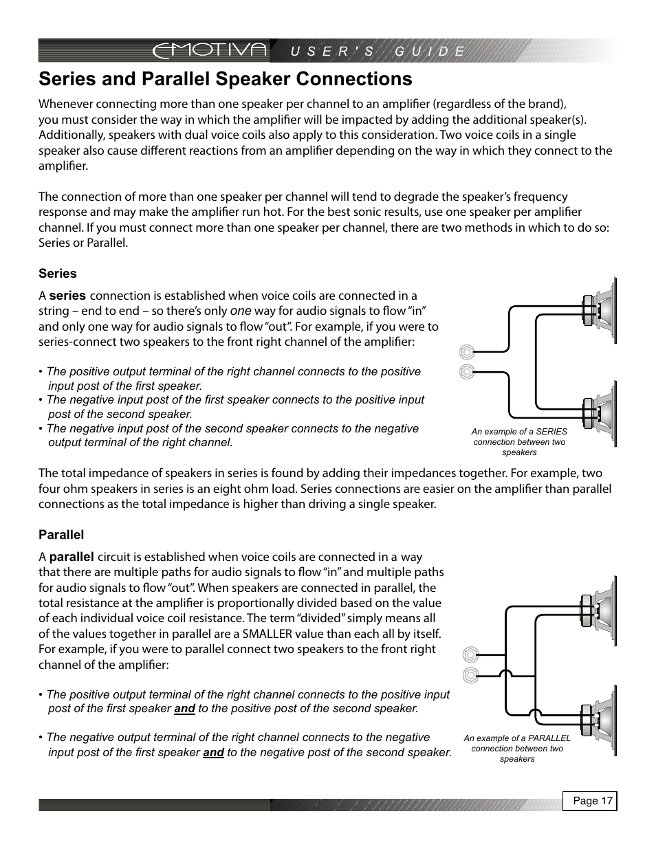 Series and parallel speaker connections, Series, Parallel | Emotiva RPA-1 User Manual | Page 17 / 28