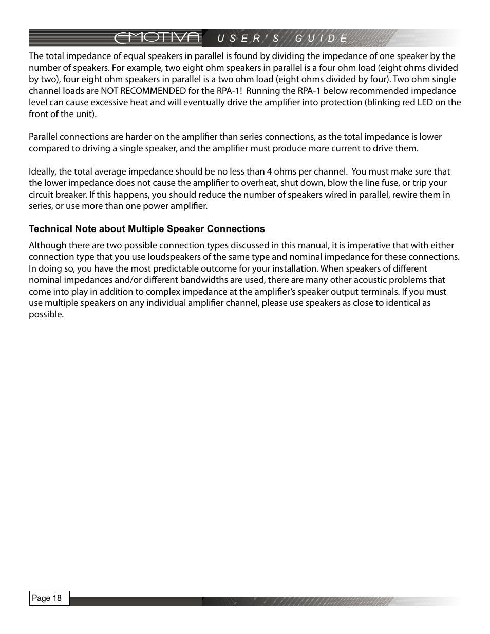Technical note about multiple speaker connections | Emotiva RPA-1 User Manual | Page 18 / 28