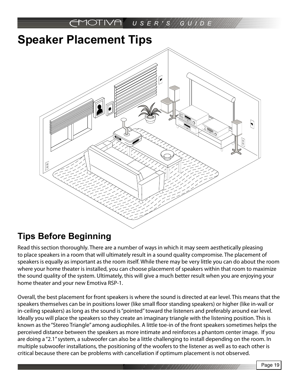 Speaker placement tips, Tips before beginning | Emotiva RPA-1 User Manual | Page 19 / 28