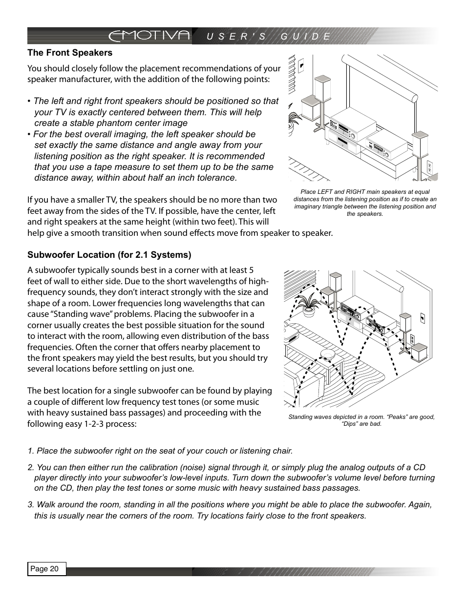 The front speakers, Subwoofer location (for 2.1 systems) | Emotiva RPA-1 User Manual | Page 20 / 28