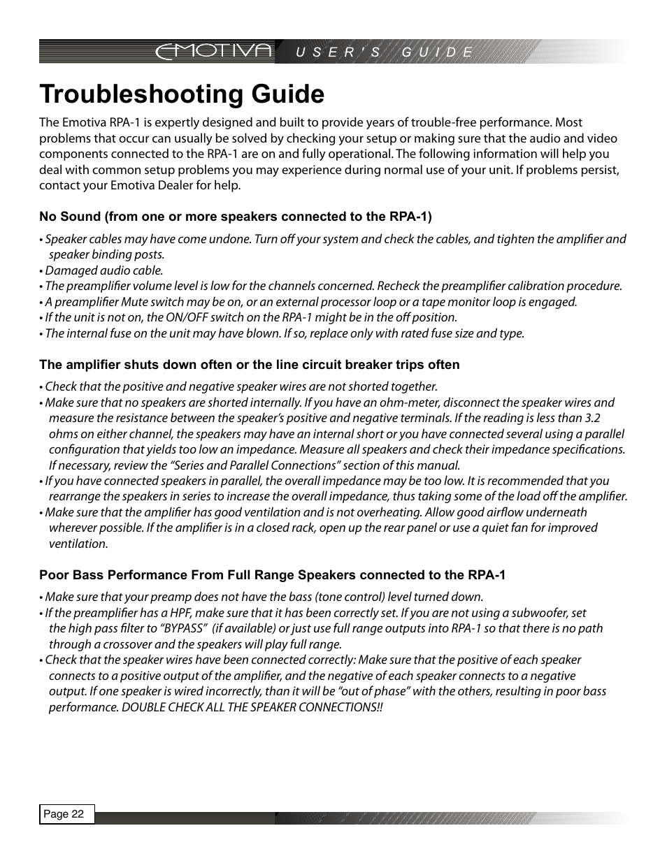 Troubleshooting guide | Emotiva RPA-1 User Manual | Page 22 / 28