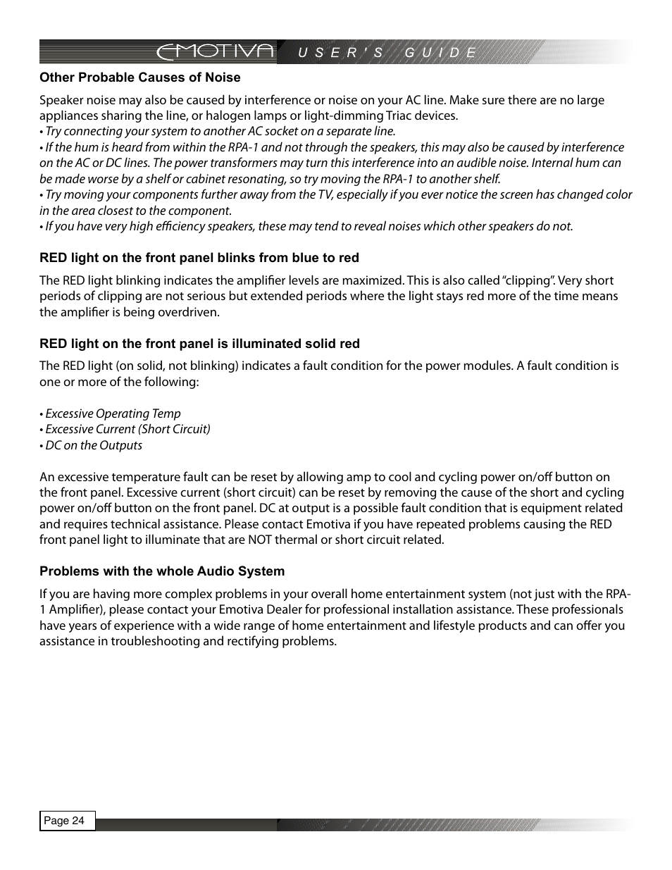 Other probable causes of noise, Problems with the whole audio system | Emotiva RPA-1 User Manual | Page 24 / 28