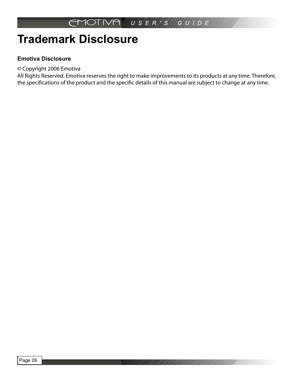 Trademark disclosure, Emotiva disclosure | Emotiva RPA-1 User Manual | Page 26 / 28