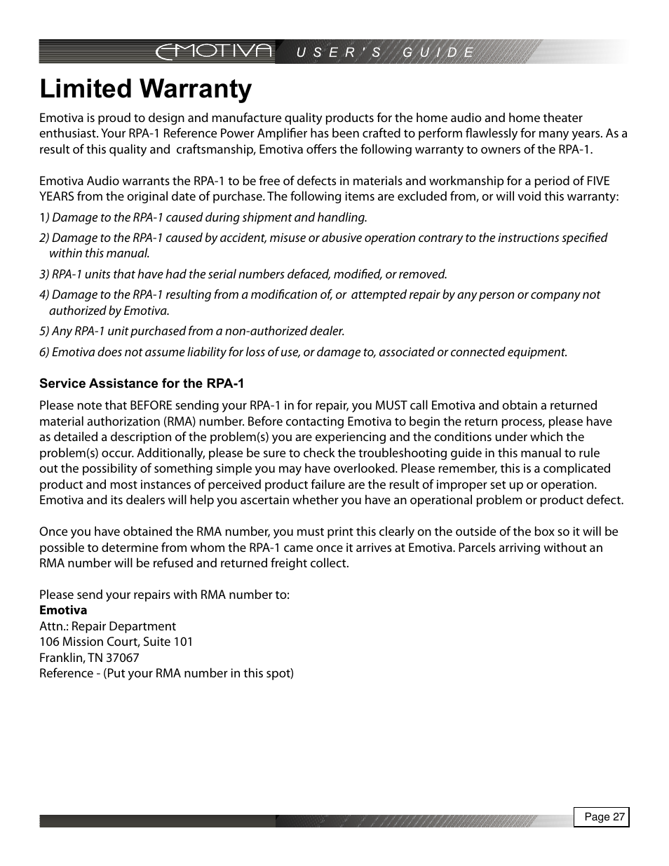 Limited warranty, Service assistance for the rpa-1 | Emotiva RPA-1 User Manual | Page 27 / 28