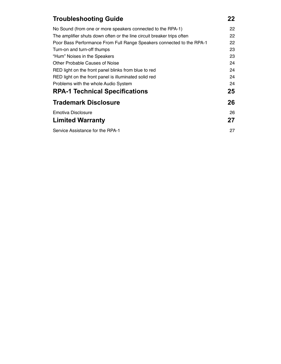 Troubleshooting guide 22, Limited warranty 27 | Emotiva RPA-1 User Manual | Page 3 / 28