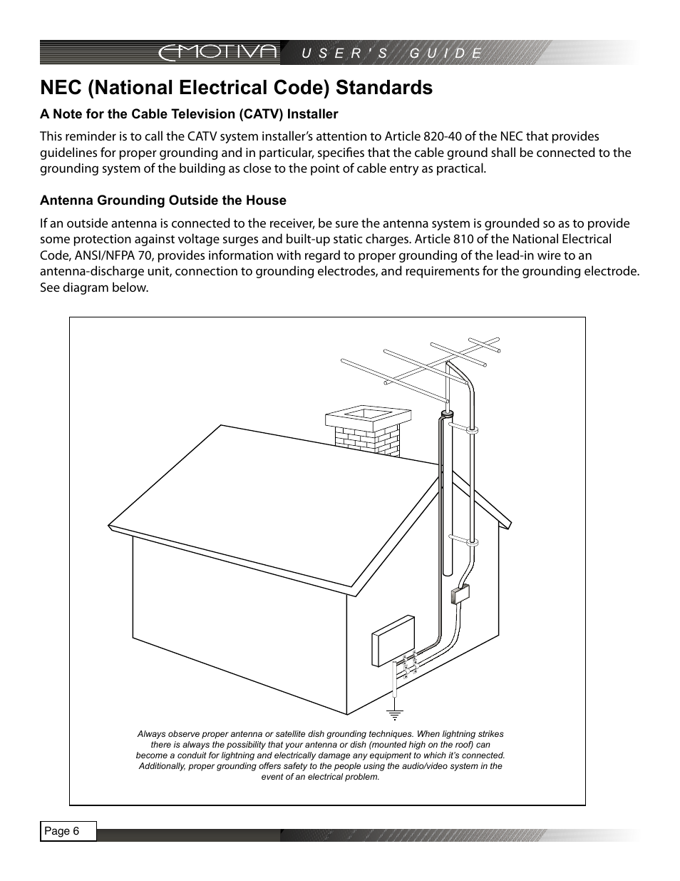 Nec (national electrical code) standards, A note for the cable television (catv) installer, Antenna grounding outside the house | Emotiva RPA-1 User Manual | Page 6 / 28