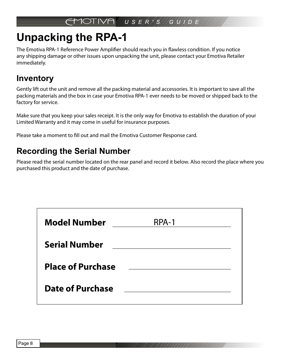 Unpacking the rpa-1, Inventory, Recording the serial number | Emotiva RPA-1 User Manual | Page 8 / 28