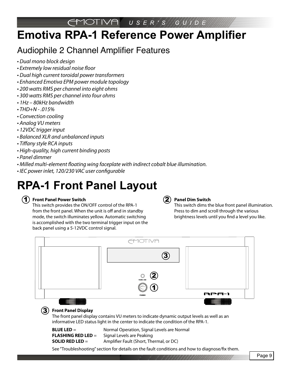 Rpa-1 front panel layout, Emotiva rpa-1 reference power amplifier, Audiophile 2 channel amplifier features | Emotiva RPA-1 User Manual | Page 9 / 28