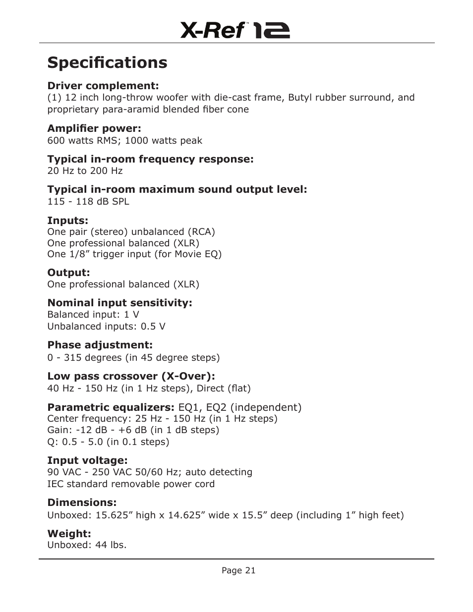 Specifications | Emotiva X-Ref 12 User Manual | Page 25 / 32