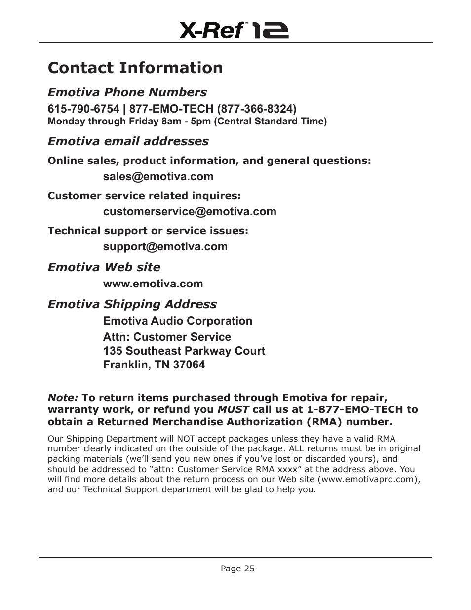 Contact information | Emotiva X-Ref 12 User Manual | Page 29 / 32