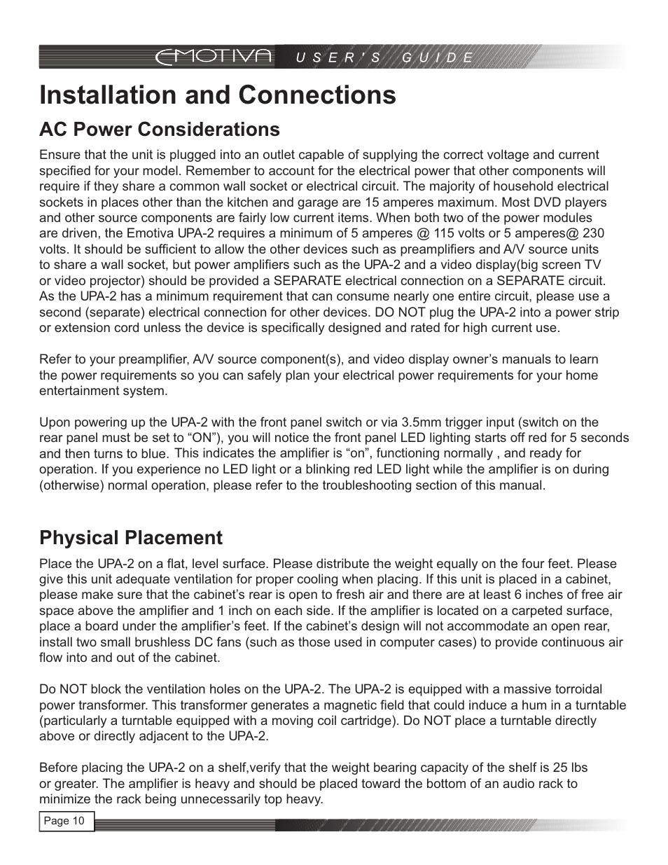 页 11, Installation and connections, Ac power considerations | Physical placement | Emotiva UPA-2 User Manual | Page 11 / 23