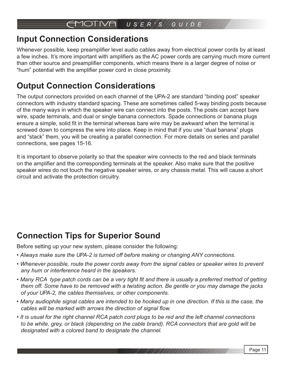 页 12, Input connection considerations, Output connection considerations | Connection tips for superior sound | Emotiva UPA-2 User Manual | Page 12 / 23