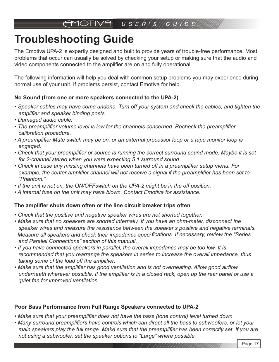 页 18, Troubleshooting guide | Emotiva UPA-2 User Manual | Page 18 / 23
