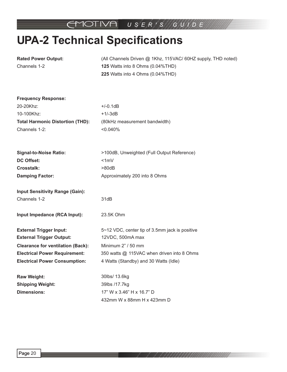 页 21, Upa-2 technical speciﬁ cations | Emotiva UPA-2 User Manual | Page 21 / 23