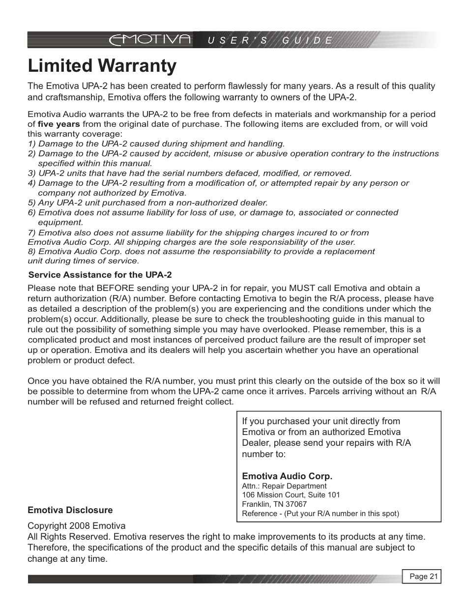 页 22, Limited warranty | Emotiva UPA-2 User Manual | Page 22 / 23