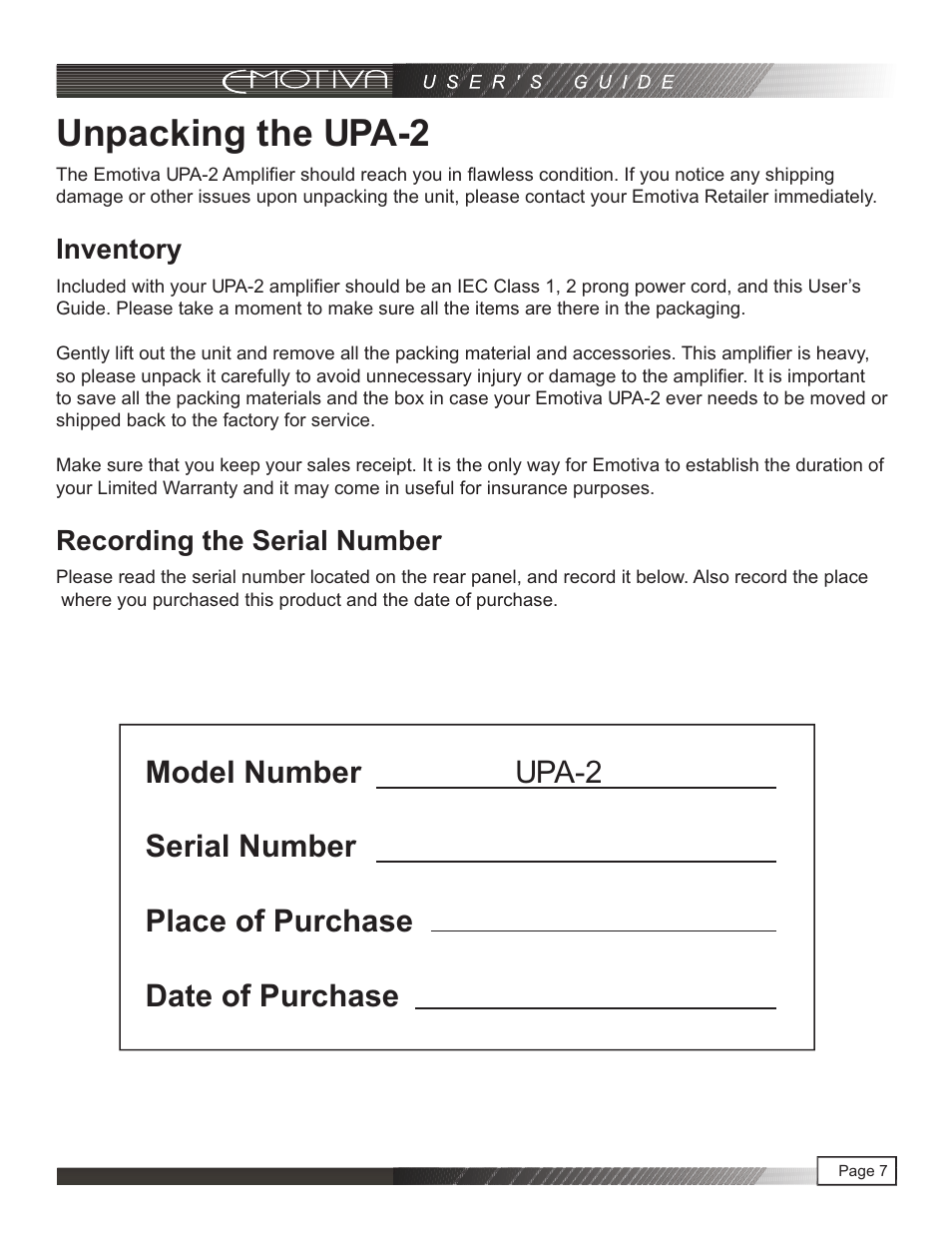 Unpacking the upa-2, Inventory, Recording the serial number | Emotiva UPA-2 User Manual | Page 8 / 23