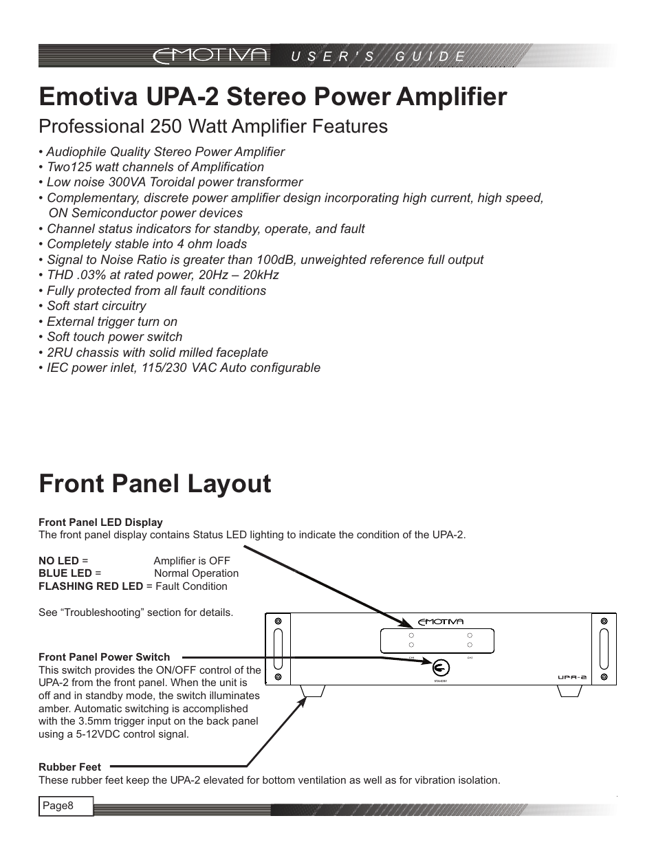 Front panel layout, Emotiva upa-2 stereo power amp lifier, Professional 250 watt amplifier features | Emotiva UPA-2 User Manual | Page 9 / 23