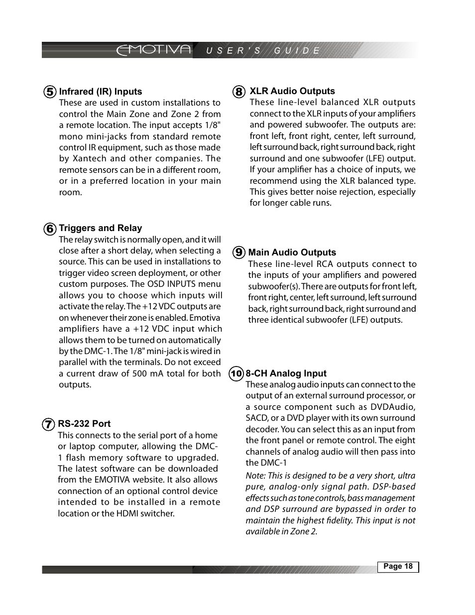 Triggers and relay, 18 infrared (ir) inputs, 18 rs-232 port | 18 8-ch analog input, 18 main audio outputs, 18 xlr audio outputs | Emotiva DMC-1 User Manual | Page 18 / 96