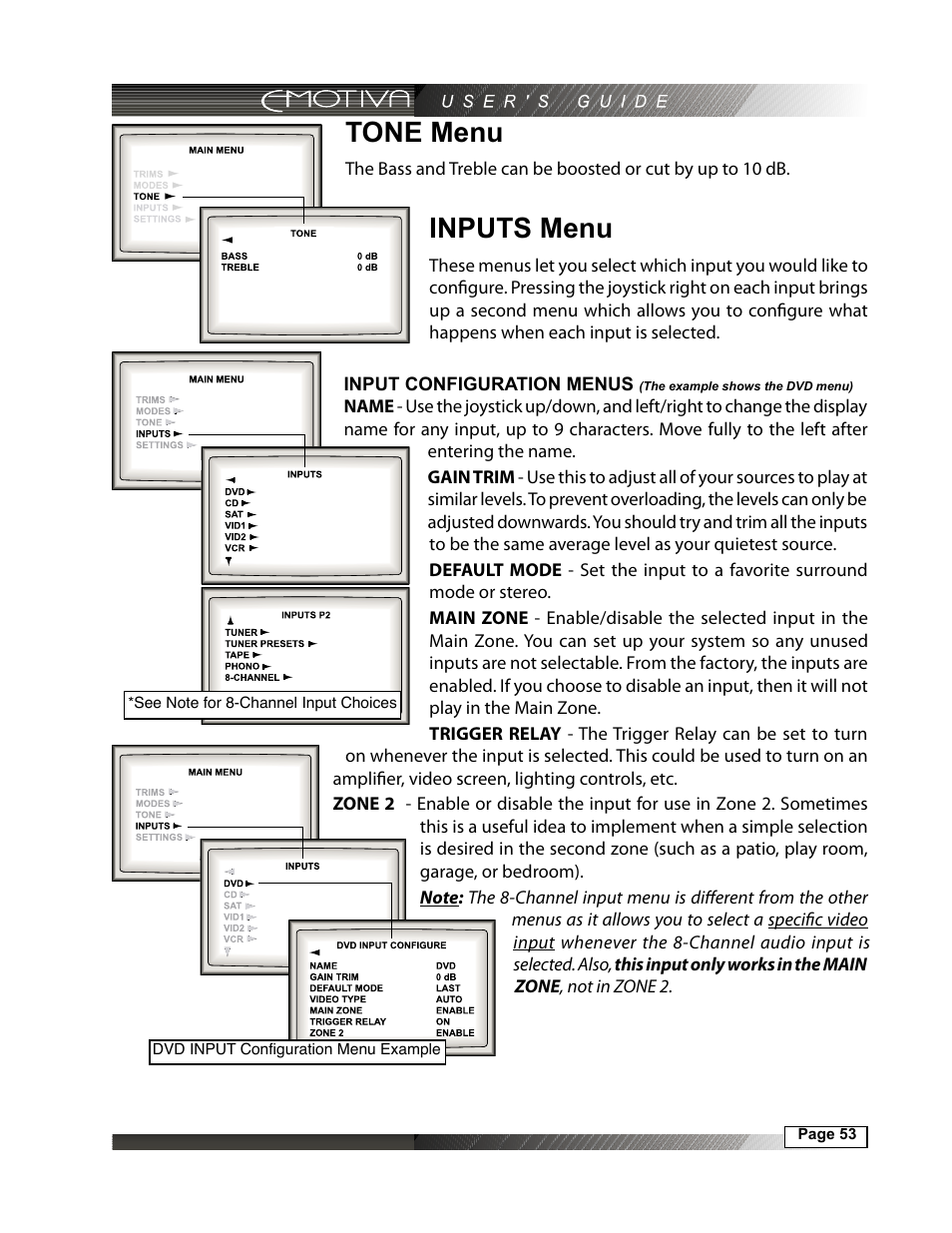 Tone menu, Inputs menu, See note for 8-channel input choices | Dvd input configuration menu example | Emotiva DMC-1 User Manual | Page 53 / 96