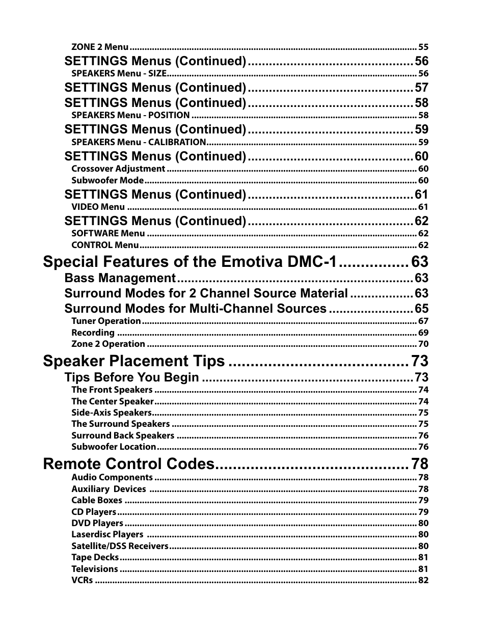 Special features of the emotiva dmc-1, Speaker placement tips, Remote control codes | Emotiva DMC-1 User Manual | Page 6 / 96