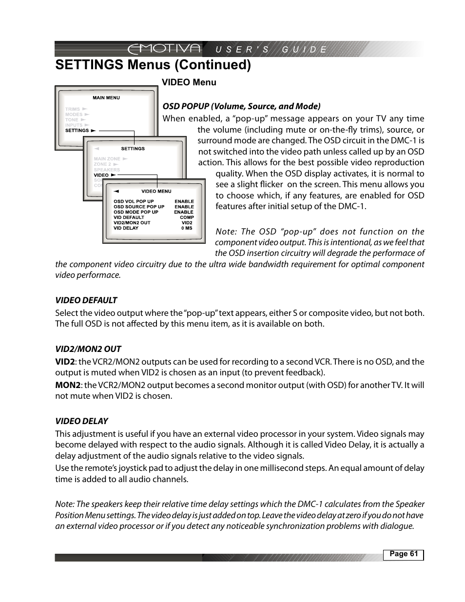 Settings menus (continued), Video menu | Emotiva DMC-1 User Manual | Page 61 / 96