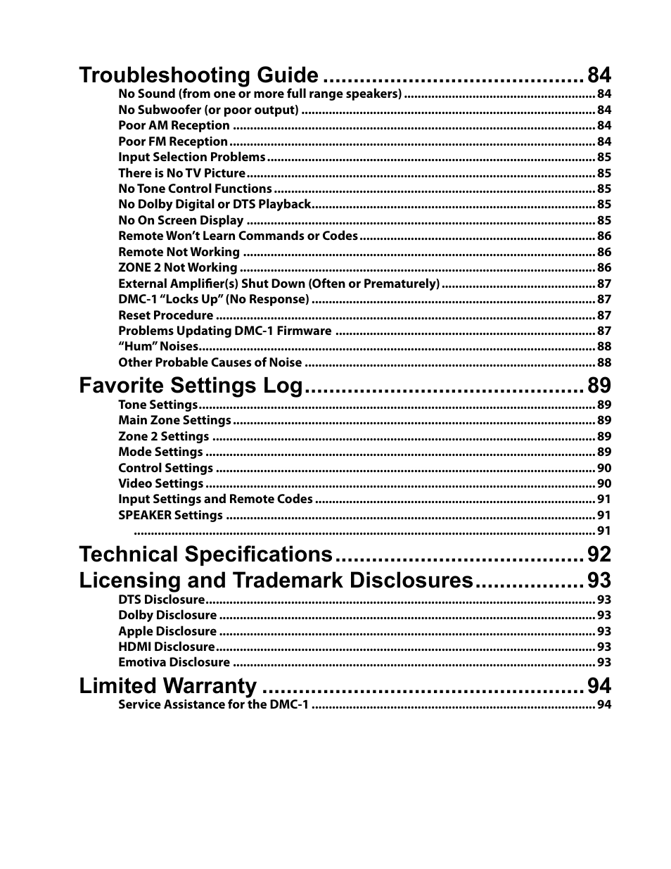 Troubleshooting guide, Favorite settings log, Limited warranty | Emotiva DMC-1 User Manual | Page 7 / 96