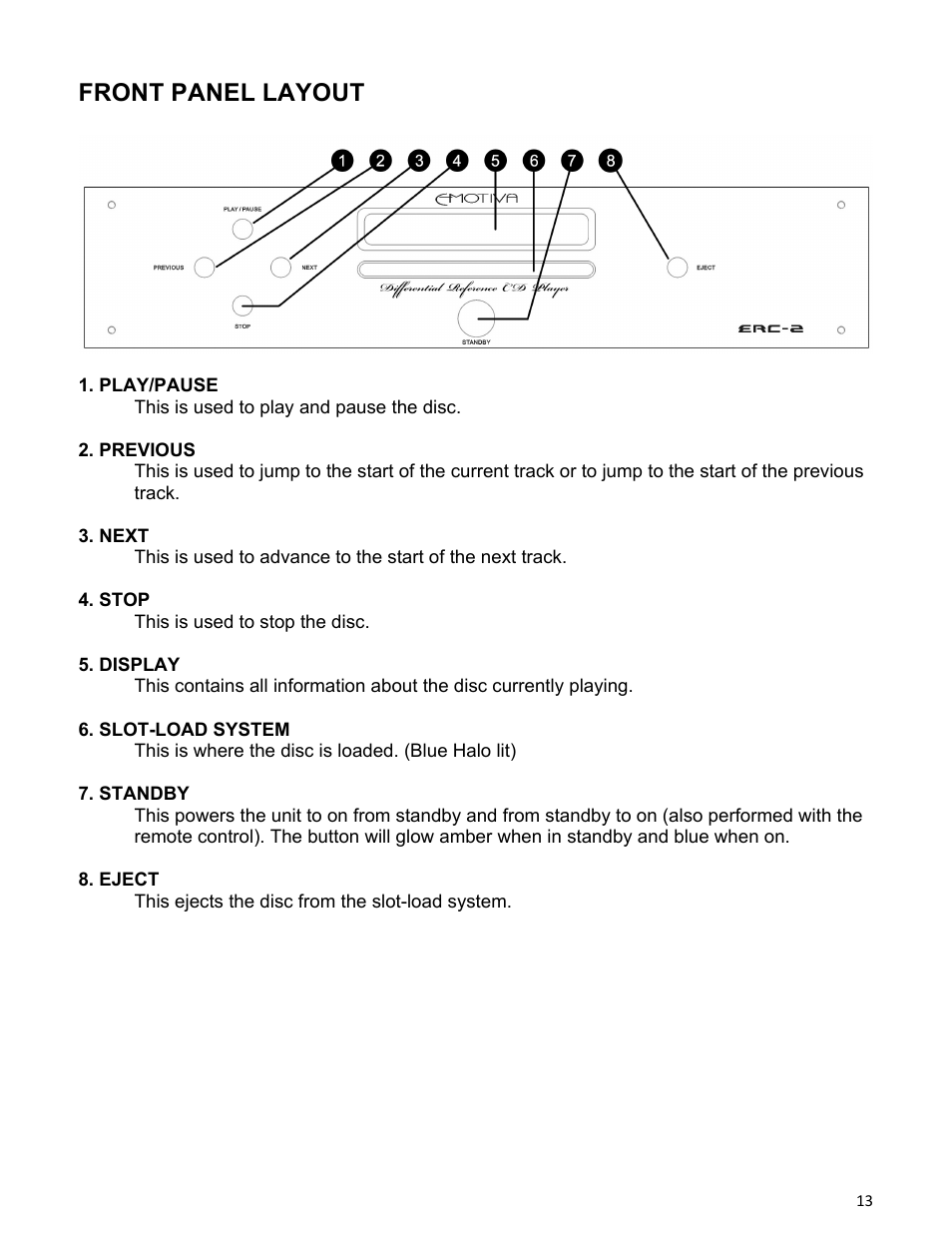 Front panel layout | Emotiva ERC-2 User Manual | Page 13 / 23