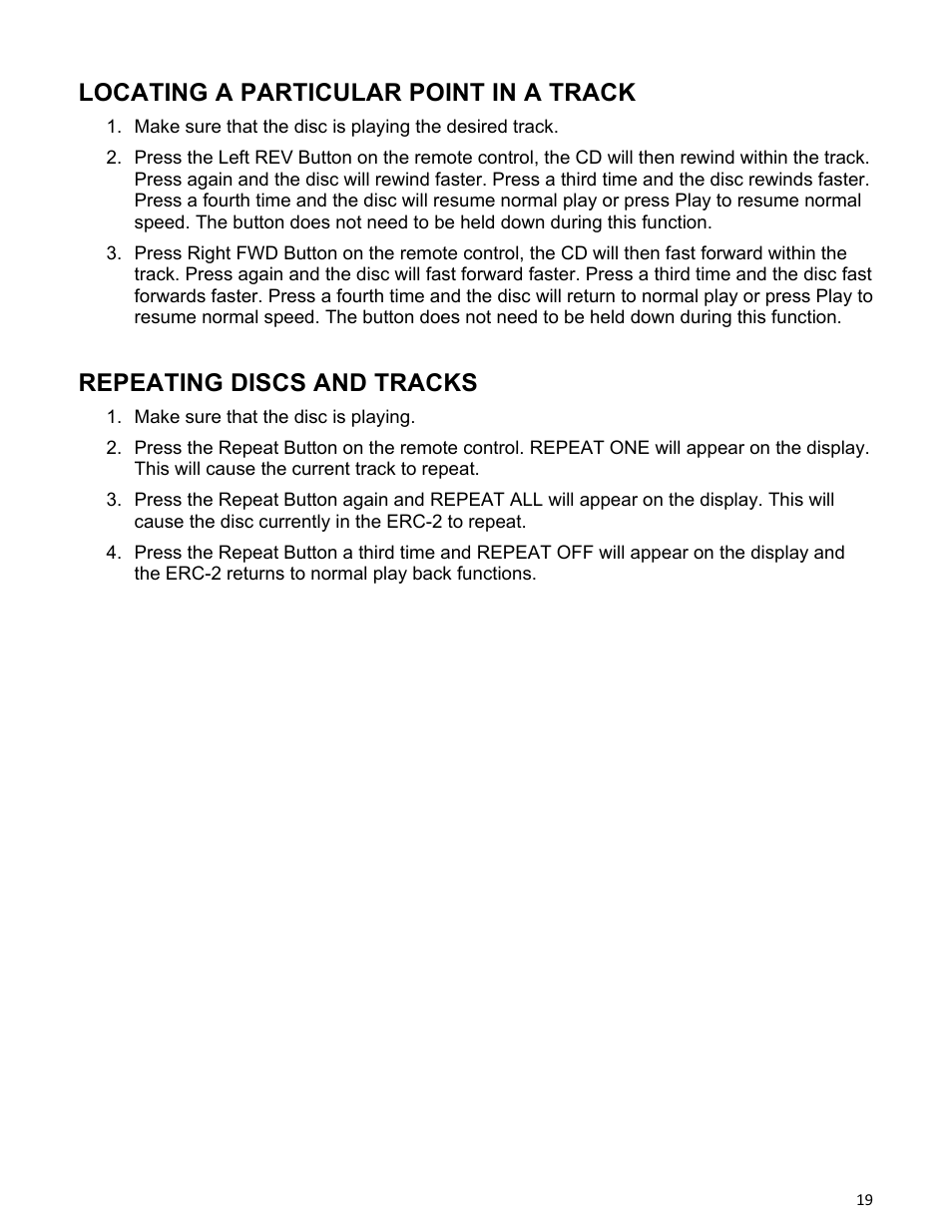 Locating a particular point in a track, Repeating discs and tracks | Emotiva ERC-2 User Manual | Page 19 / 23