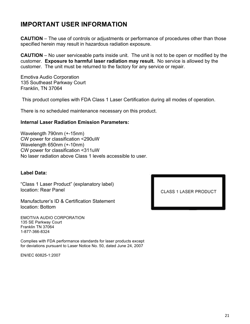 Important user information | Emotiva ERC-2 User Manual | Page 21 / 23