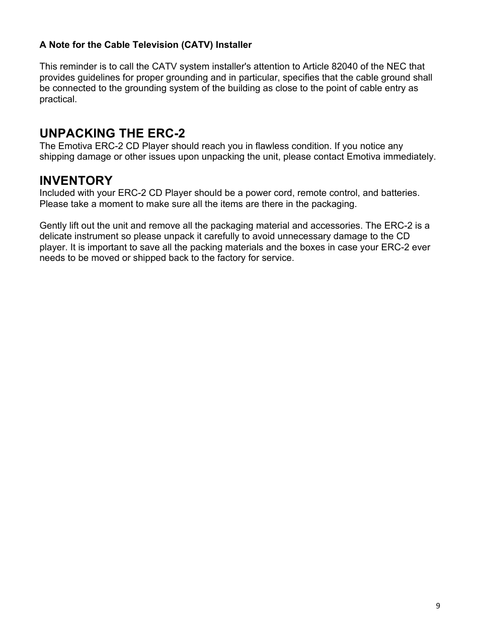 Unpacking the erc-2, Inventory | Emotiva ERC-2 User Manual | Page 9 / 23