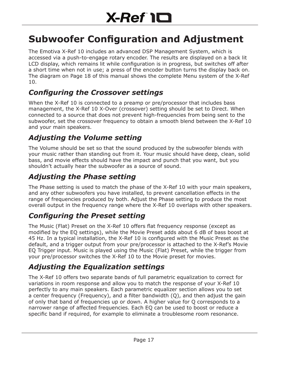 Subwoofer configuration and adjustment, Configuring the crossover settings, Adjusting the volume setting | Adjusting the phase setting, Configuring the preset setting, Adjusting the equalization settings | Emotiva X-Ref 10 User Manual | Page 21 / 32