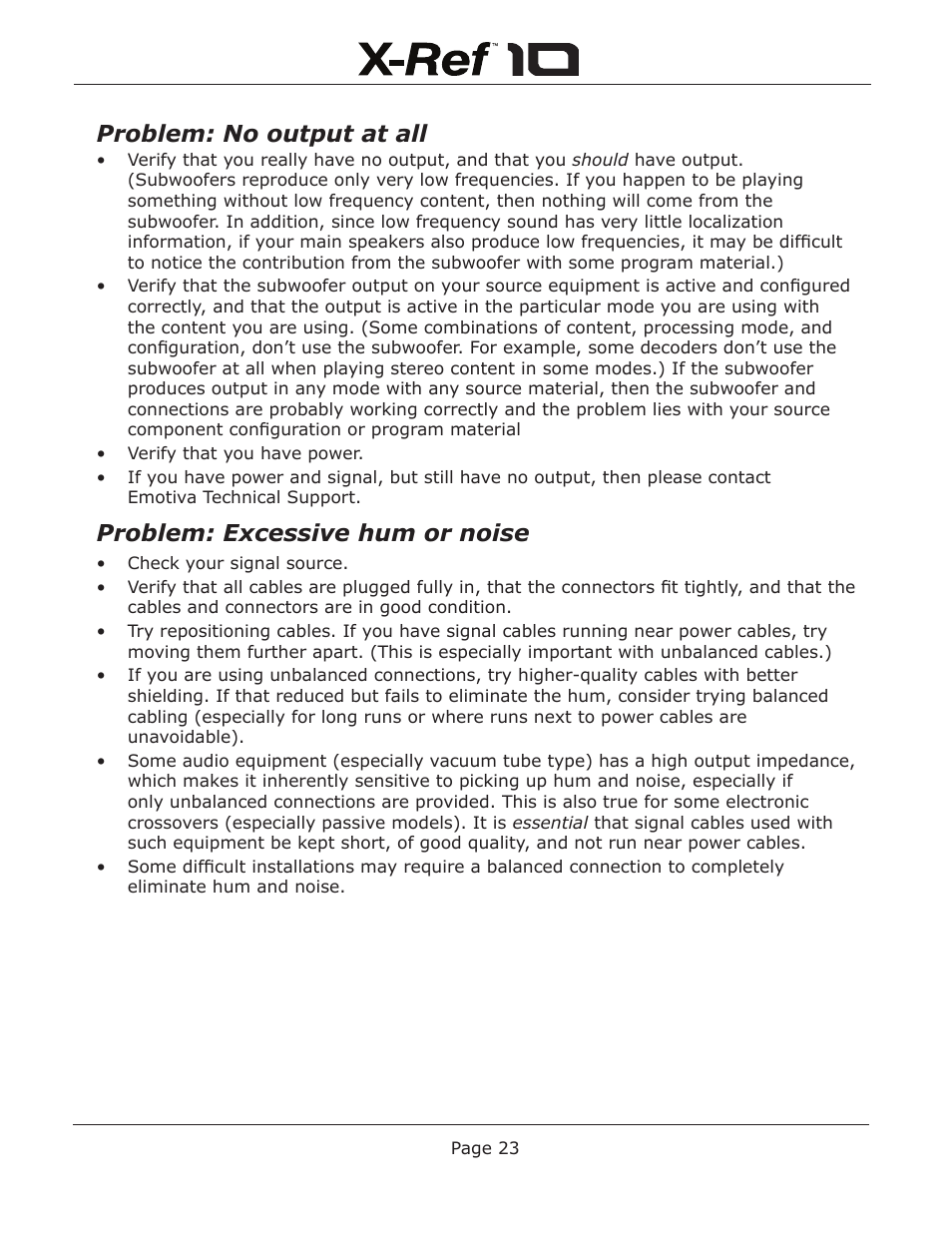 Problem: no output at all, Problem: excessive hum or noise | Emotiva X-Ref 10 User Manual | Page 27 / 32