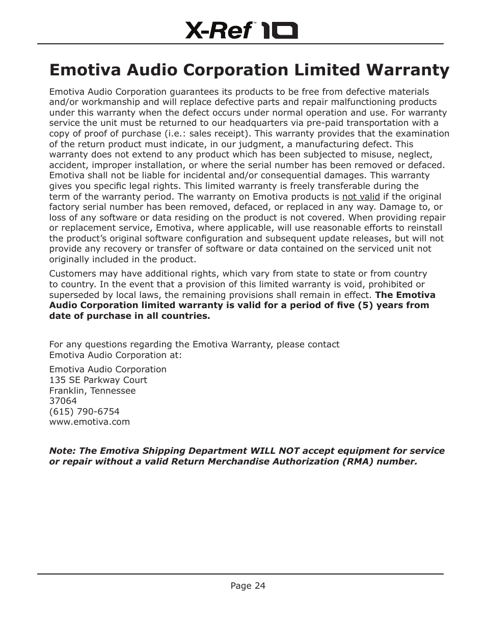 Emotiva audio corporation limited warranty | Emotiva X-Ref 10 User Manual | Page 28 / 32
