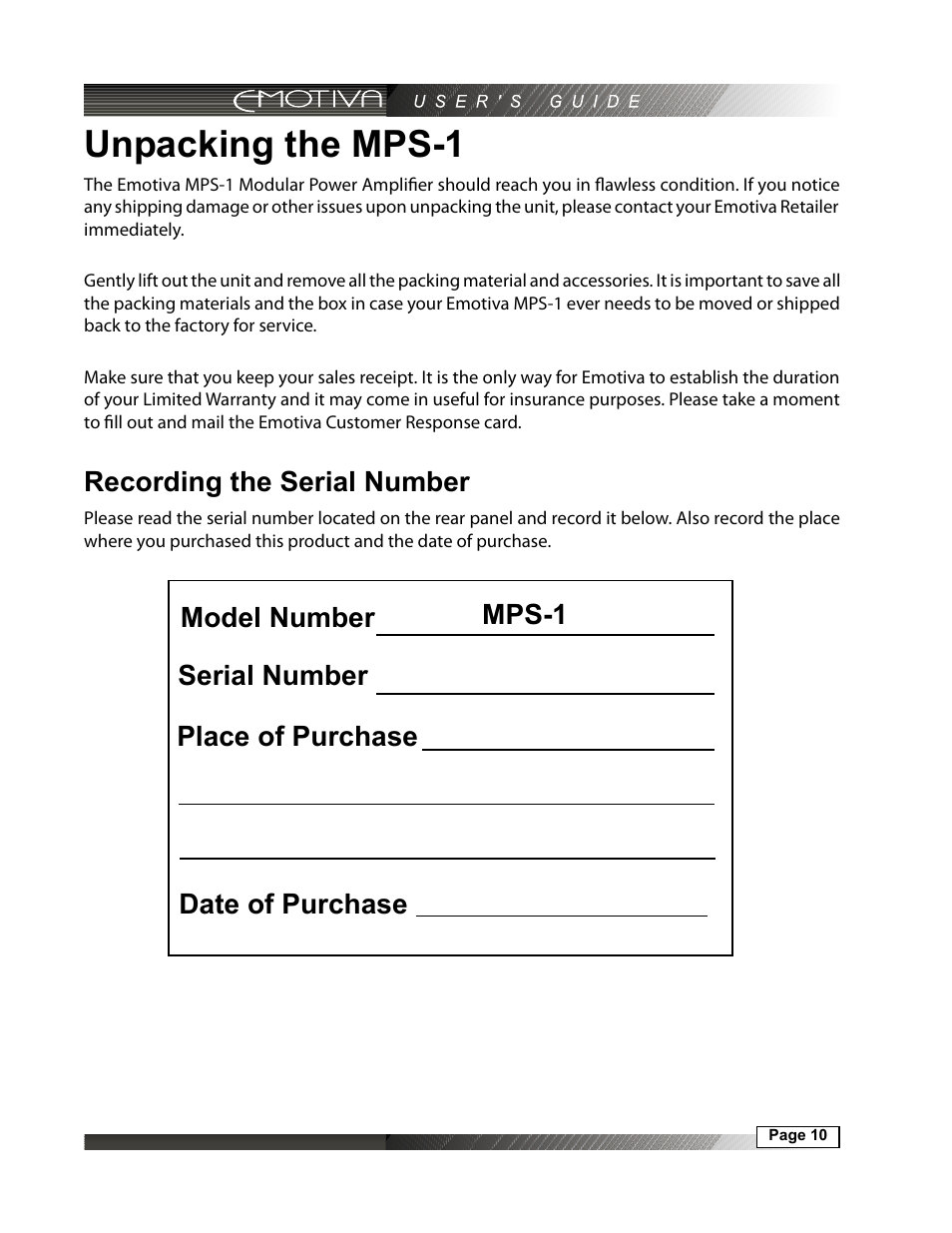 Unpacking the mps-1, Recording the serial number | Emotiva MPS-1 User Manual | Page 10 / 37