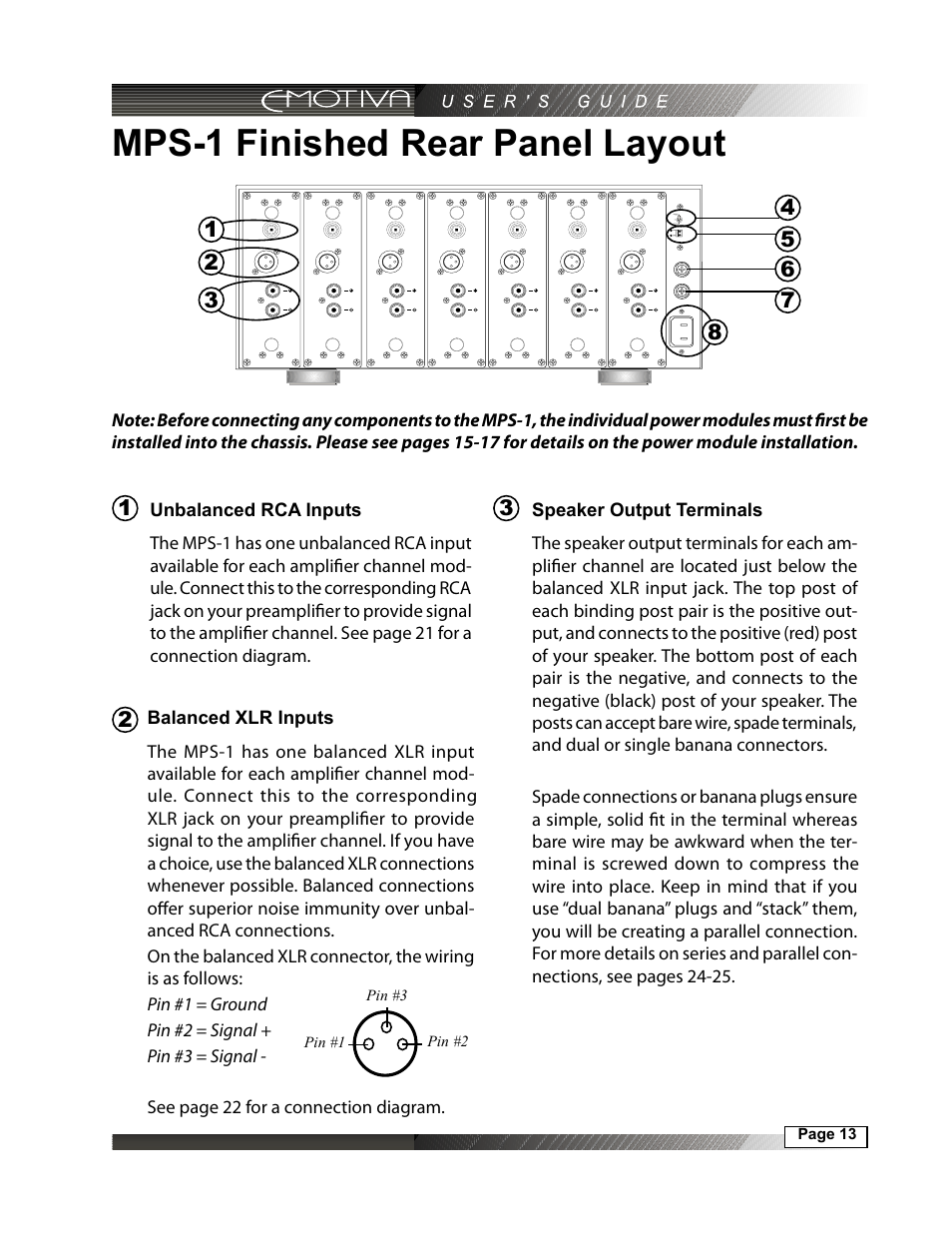 Mps-1 finished rear panel layout, Balanced xlr inputs, Unbalanced rca inputs | Speaker output terminals | Emotiva MPS-1 User Manual | Page 13 / 37
