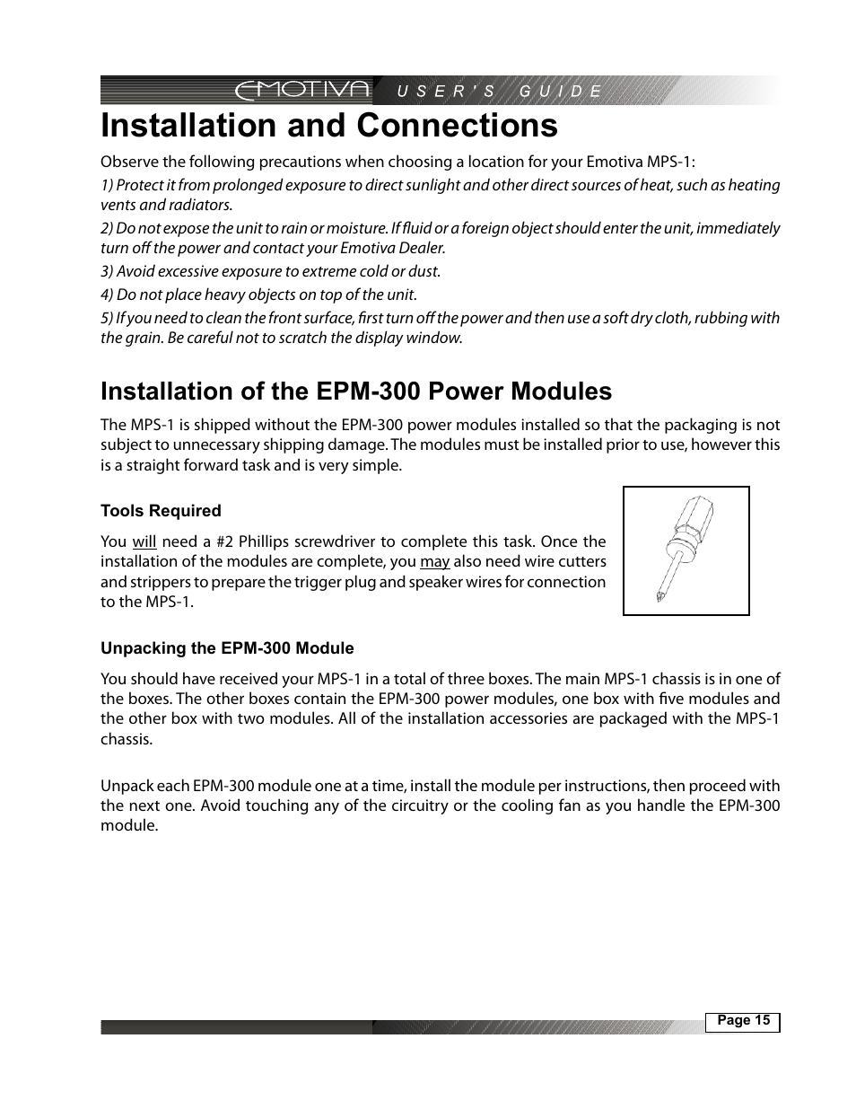 Installation and connections, Installation of the epm-300 power modules, Tools required | Unpacking the epm-300 module | Emotiva MPS-1 User Manual | Page 15 / 37