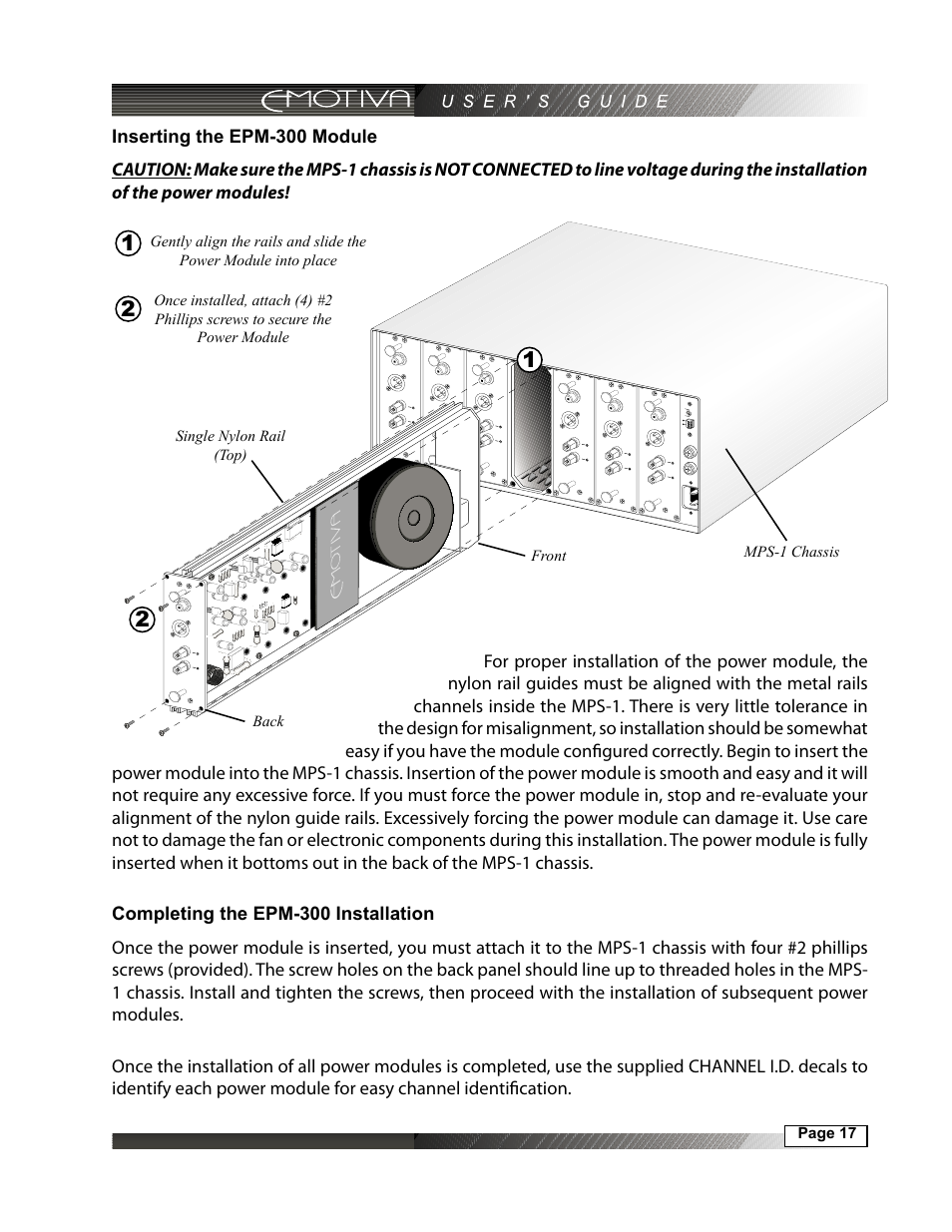 Inserting the epm-300 module, Completing the epm-300 installation | Emotiva MPS-1 User Manual | Page 17 / 37