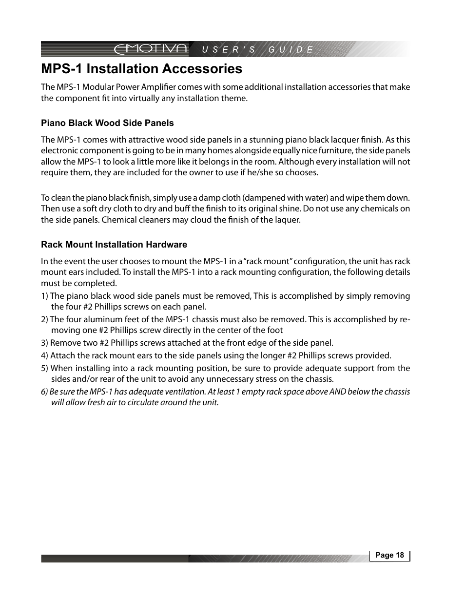 Mps-1 installation accessories, Piano black wood side panels, Rack mount installation hardware | Emotiva MPS-1 User Manual | Page 18 / 37
