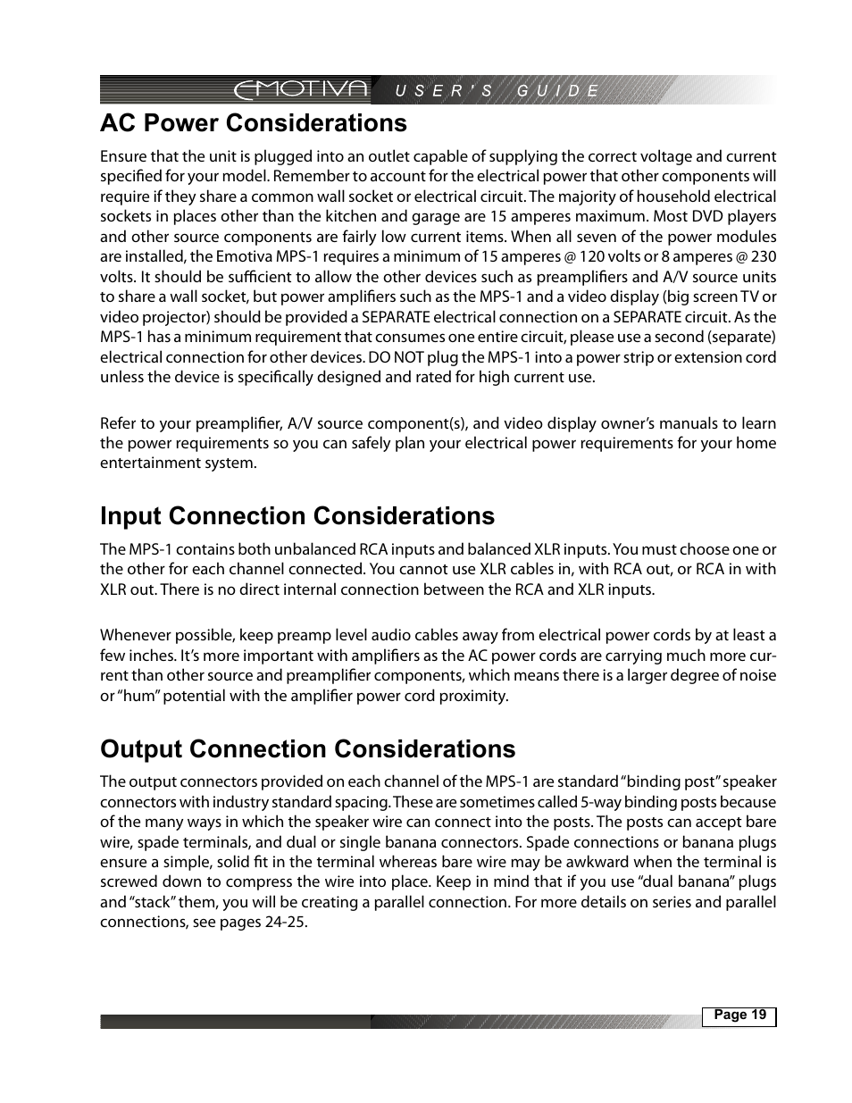 Ac power considerations, Input connection considerations, Output connection considerations | Emotiva MPS-1 User Manual | Page 19 / 37