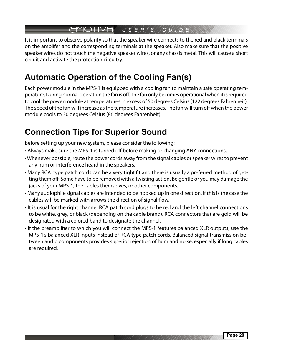 Automatic operation of the cooling fan(s), Connection tips for superior sound | Emotiva MPS-1 User Manual | Page 20 / 37