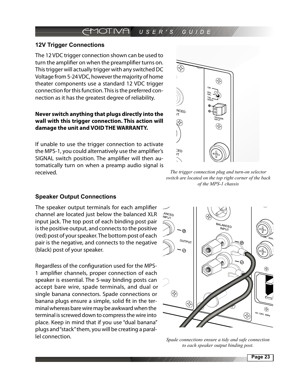 12v trigger connections, Speaker output connections | Emotiva MPS-1 User Manual | Page 23 / 37