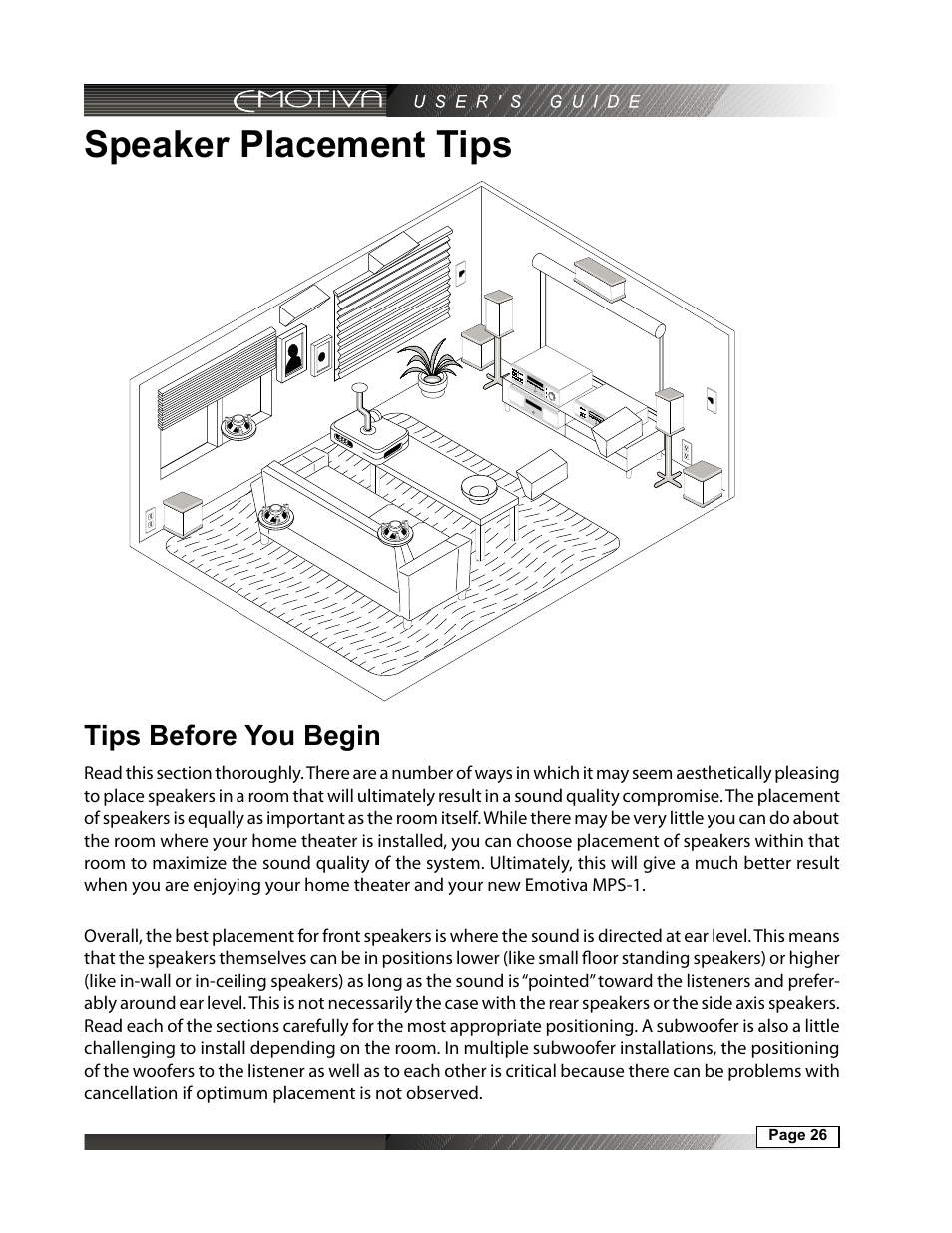 Speaker placement tips, Tips before you begin | Emotiva MPS-1 User Manual | Page 26 / 37