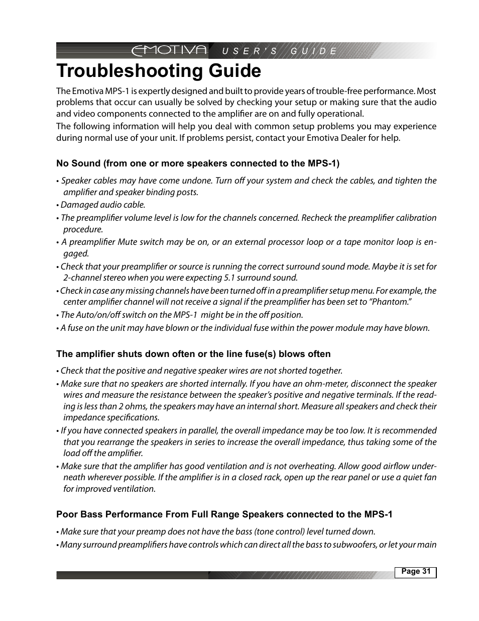Troubleshooting guide | Emotiva MPS-1 User Manual | Page 31 / 37