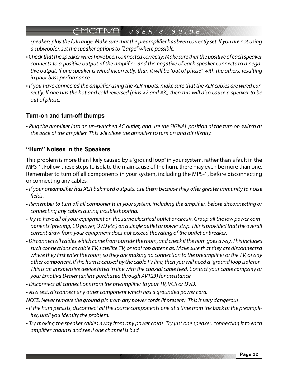 Turn-on and turn-off thumps, Hum” noises in the speakers | Emotiva MPS-1 User Manual | Page 32 / 37
