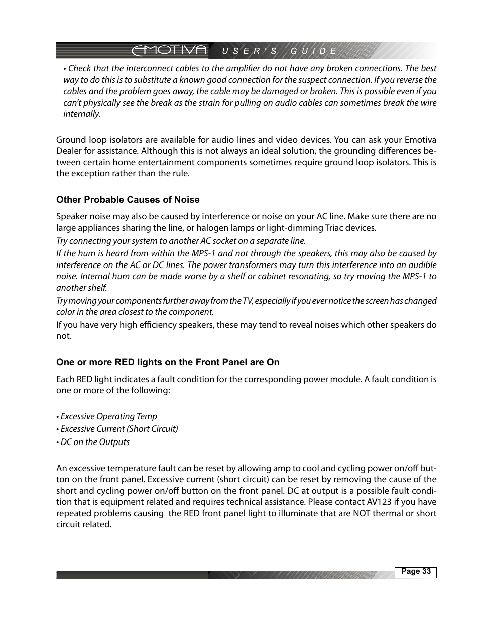 Other probable causes of noise, One or more red lights on the front panel are on | Emotiva MPS-1 User Manual | Page 33 / 37