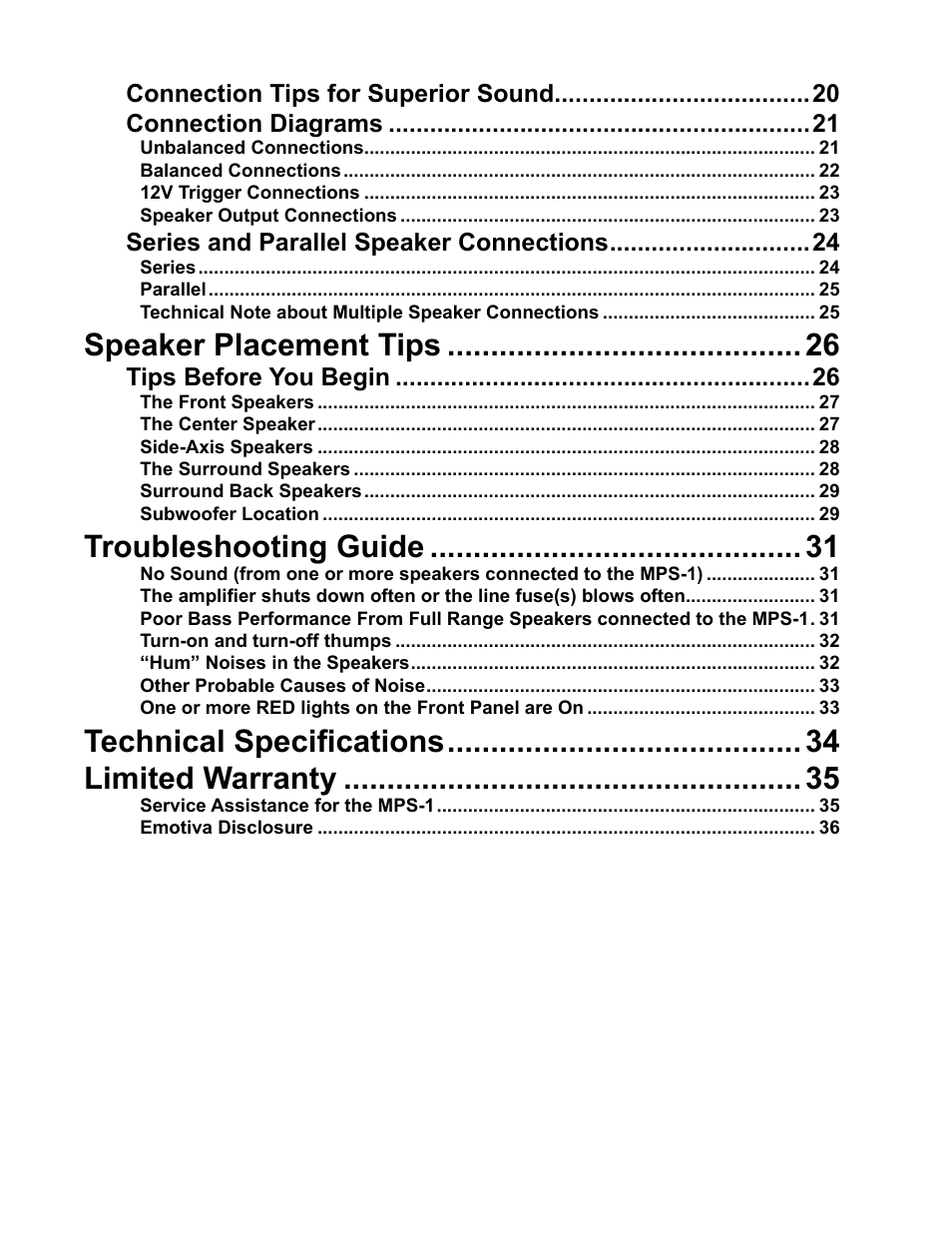 Speaker placement tips, Troubleshooting guide, Technical specifications limited warranty | Series and parallel speaker connections, Tips before you begin | Emotiva MPS-1 User Manual | Page 4 / 37