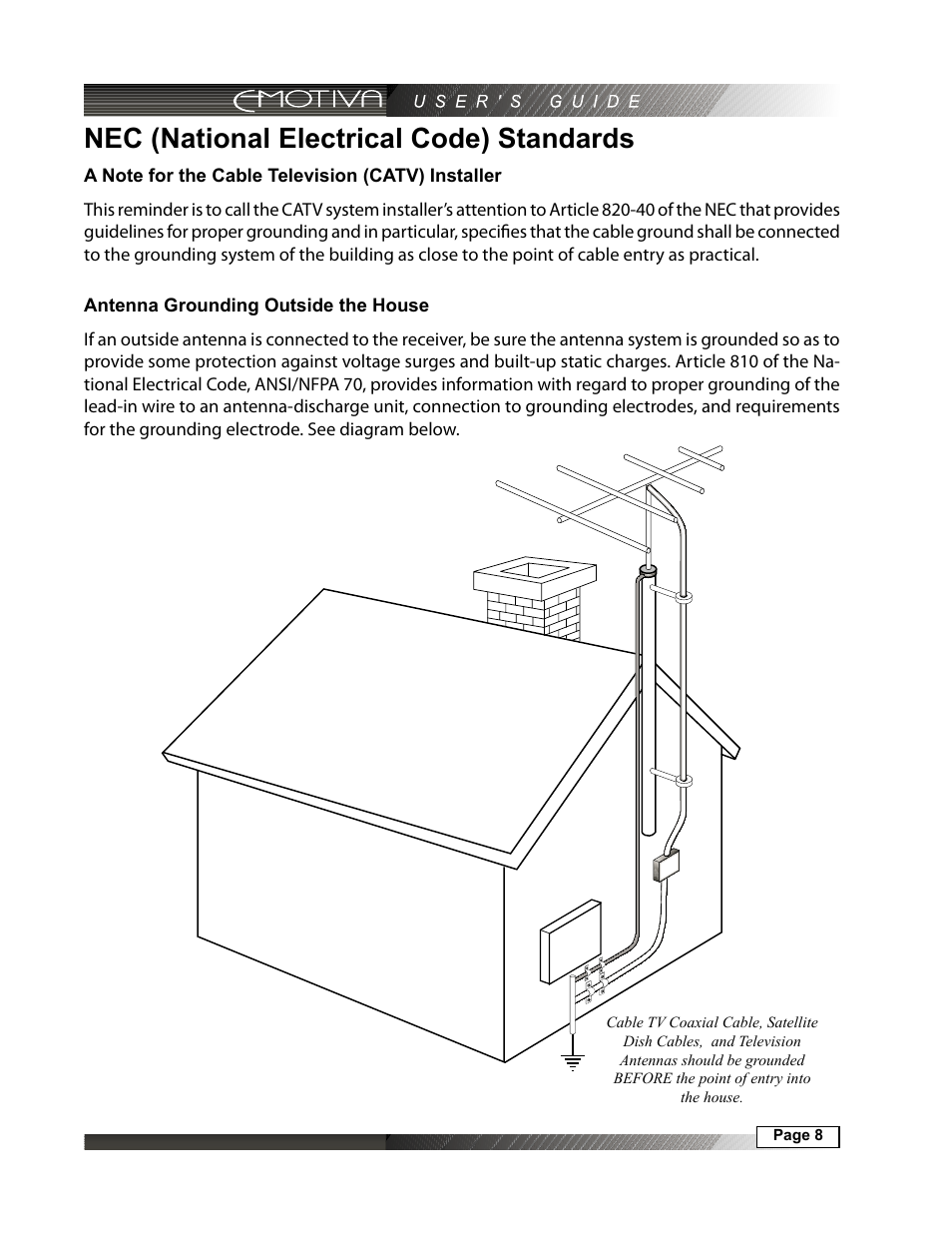 Nec (national electrical code) standards, A note for the cable television (catv) installer, Antenna grounding outside the house | Emotiva MPS-1 User Manual | Page 8 / 37