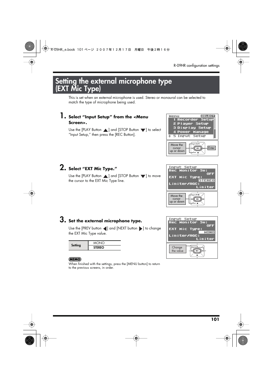 Setting the external microphone type, P. 101 | Edirol R-09HR User Manual | Page 101 / 124