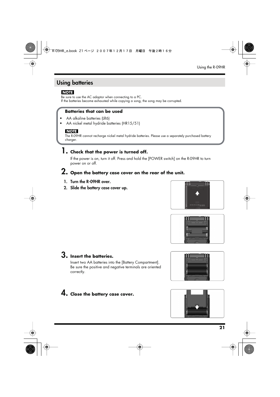 Using batteries | Edirol R-09HR User Manual | Page 21 / 124