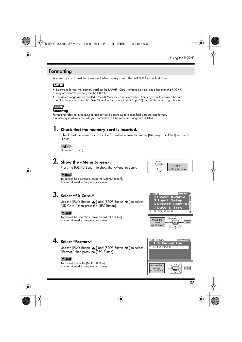 Formatting | Edirol R-09HR User Manual | Page 27 / 124